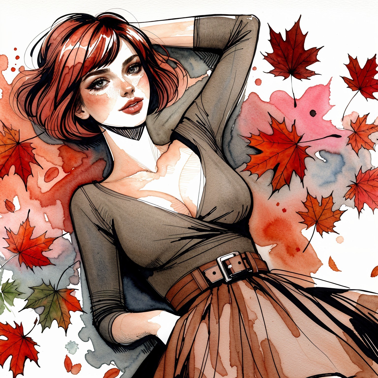 Stylish Woman in Autumn Leaves with Watercolor Background