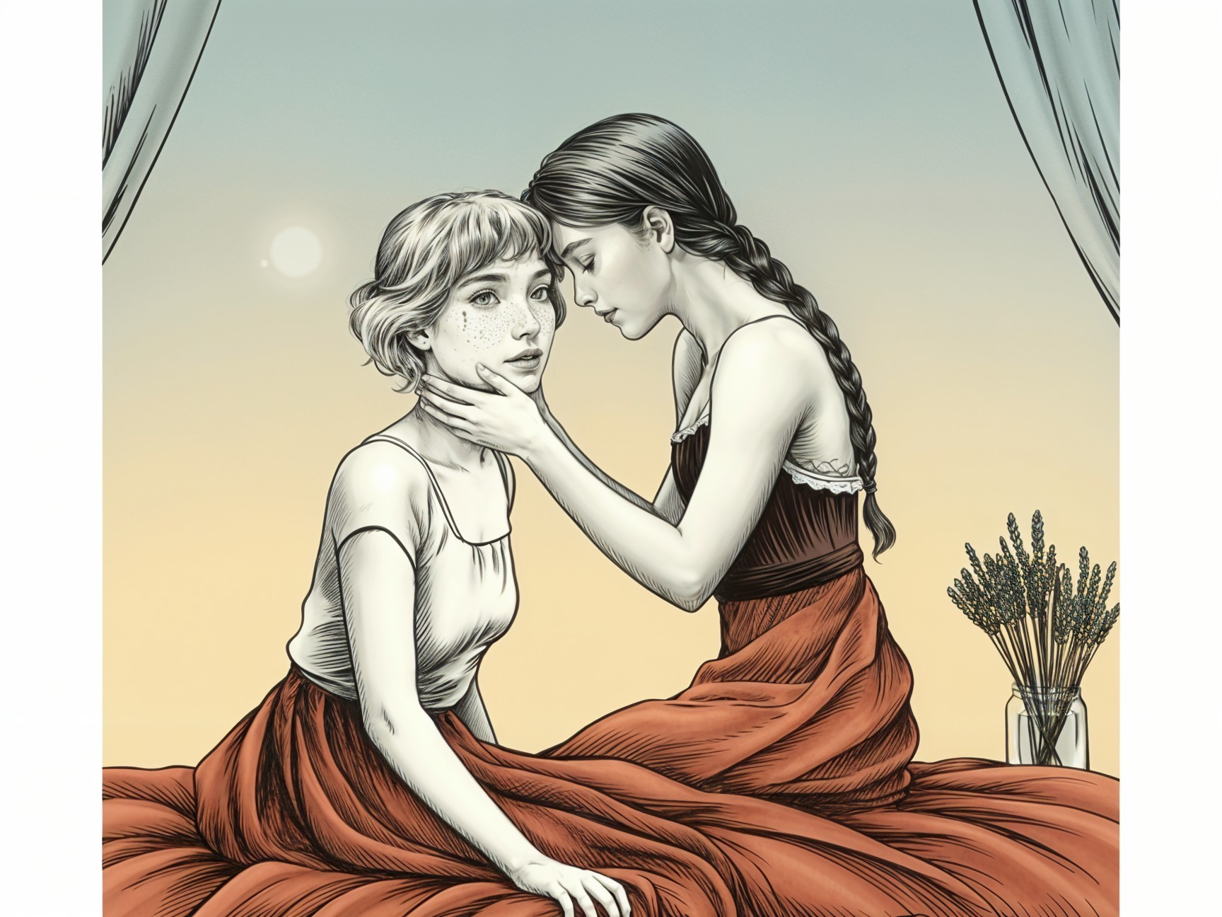 Young Women Sharing an Intimate Moment at Sunset