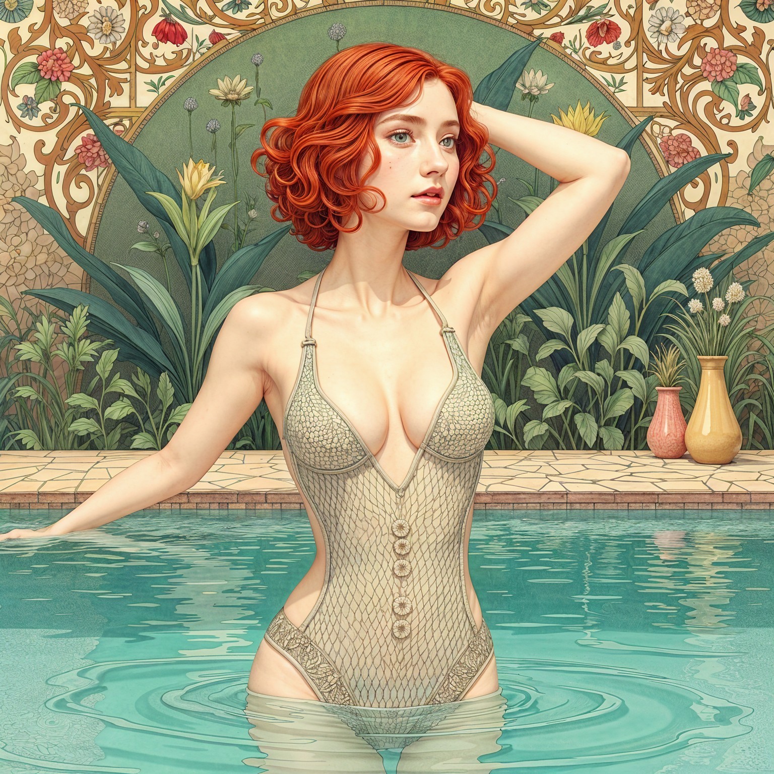 Elegant Woman with Red Curls in Tranquil Pool