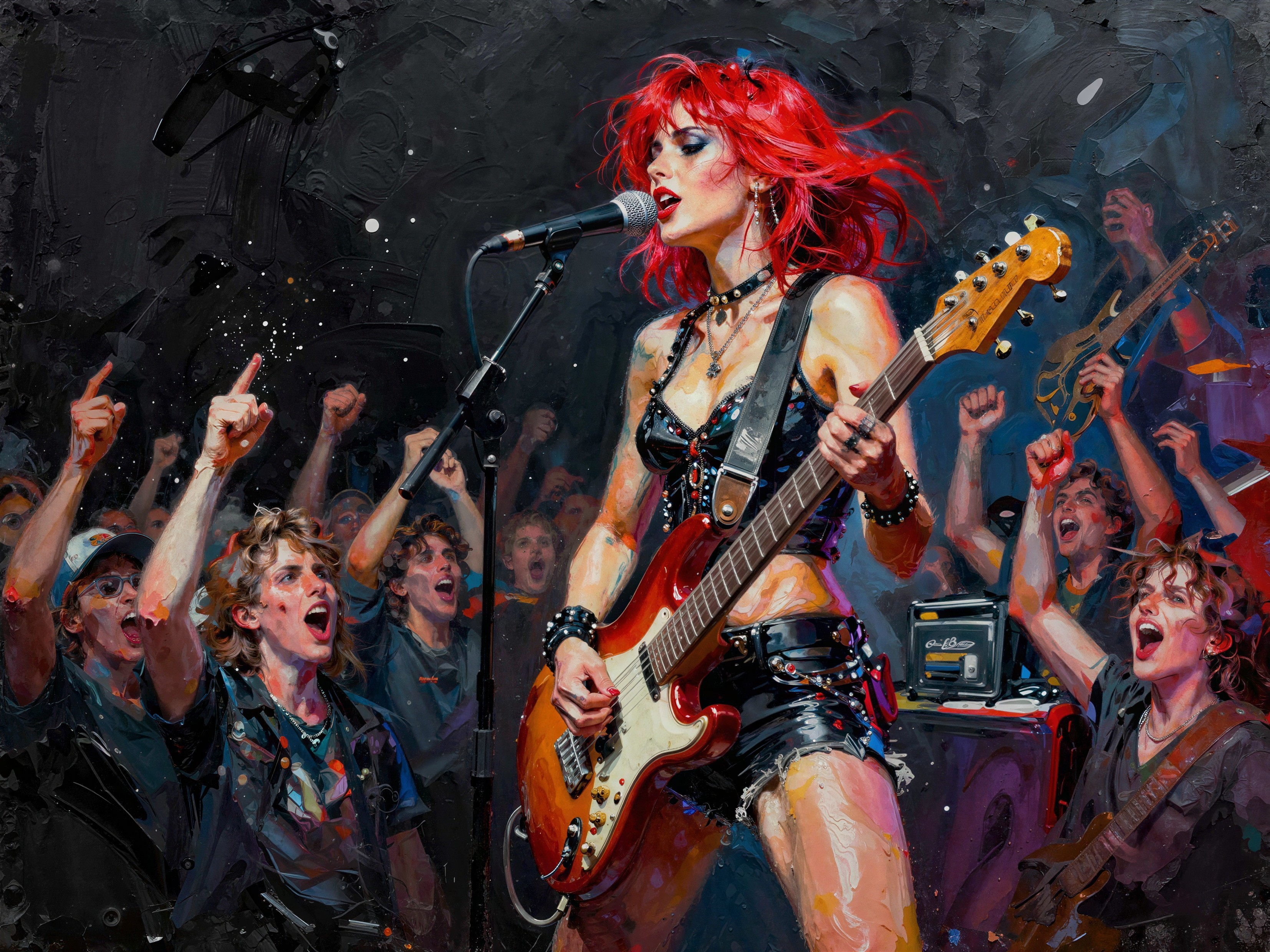 Rock Concert Oil Painting with Female Singer and Guitarist