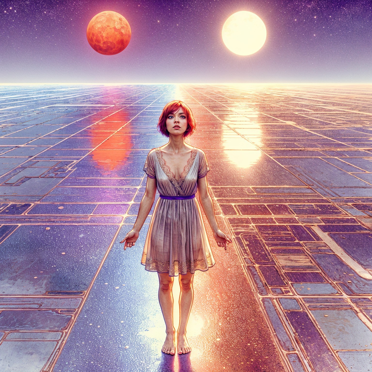 Surreal Landscape with Woman on Reflective Grid