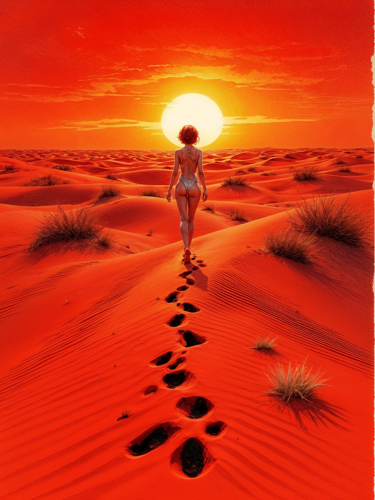 Barefoot Figure Walking in Vibrant Desert Landscape