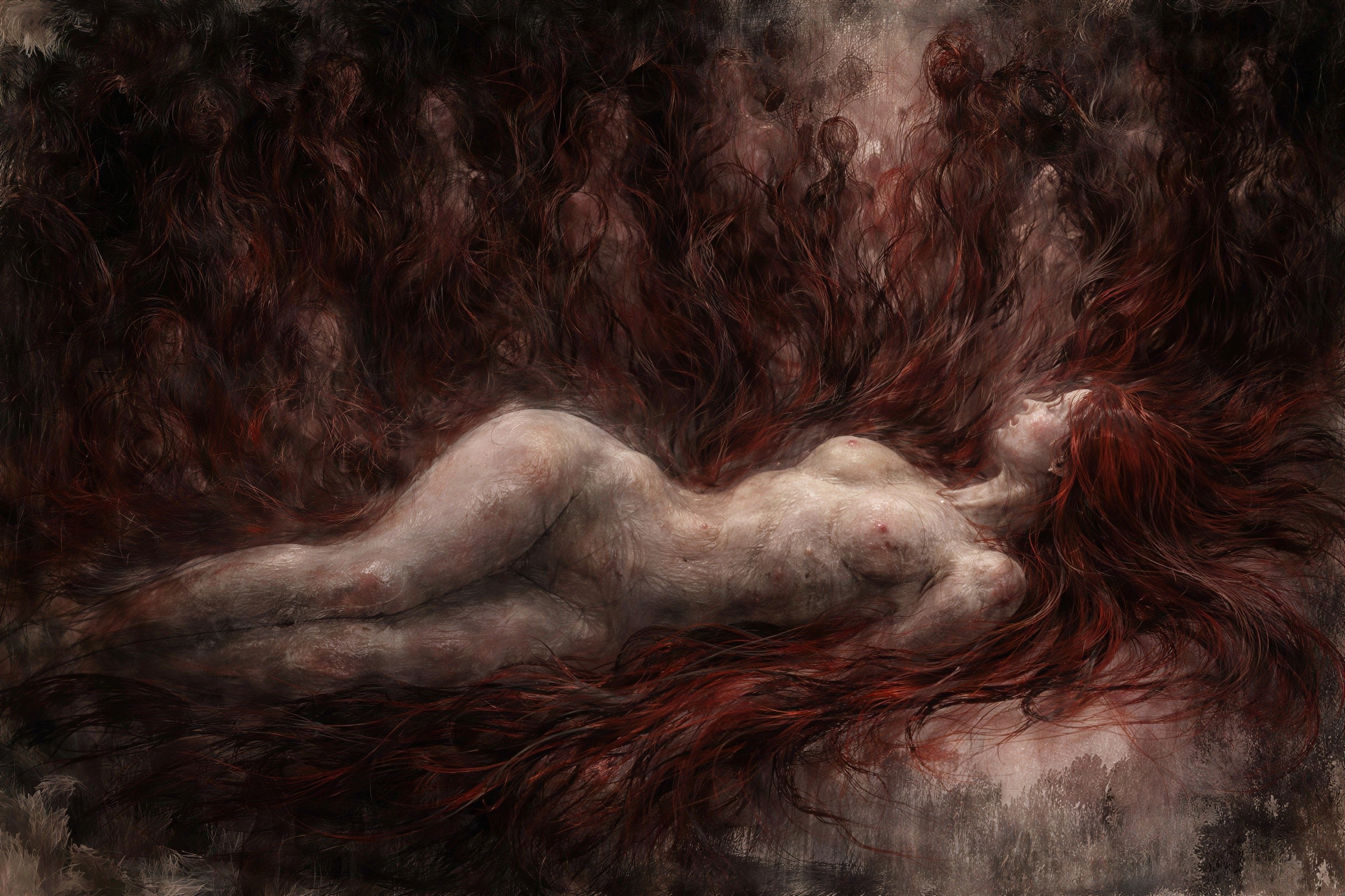 Nude Pale Woman with Red Hair in Dark Background