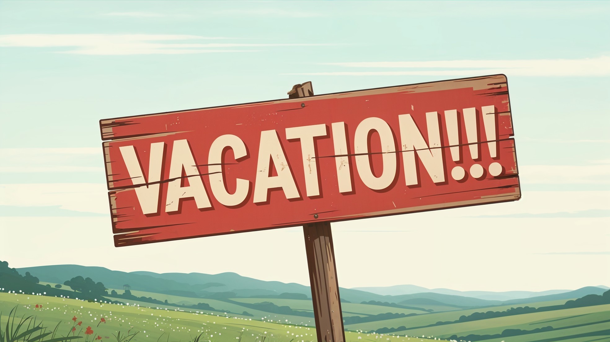 Cartoon Vacation Sign in Scenic Landscape Setting