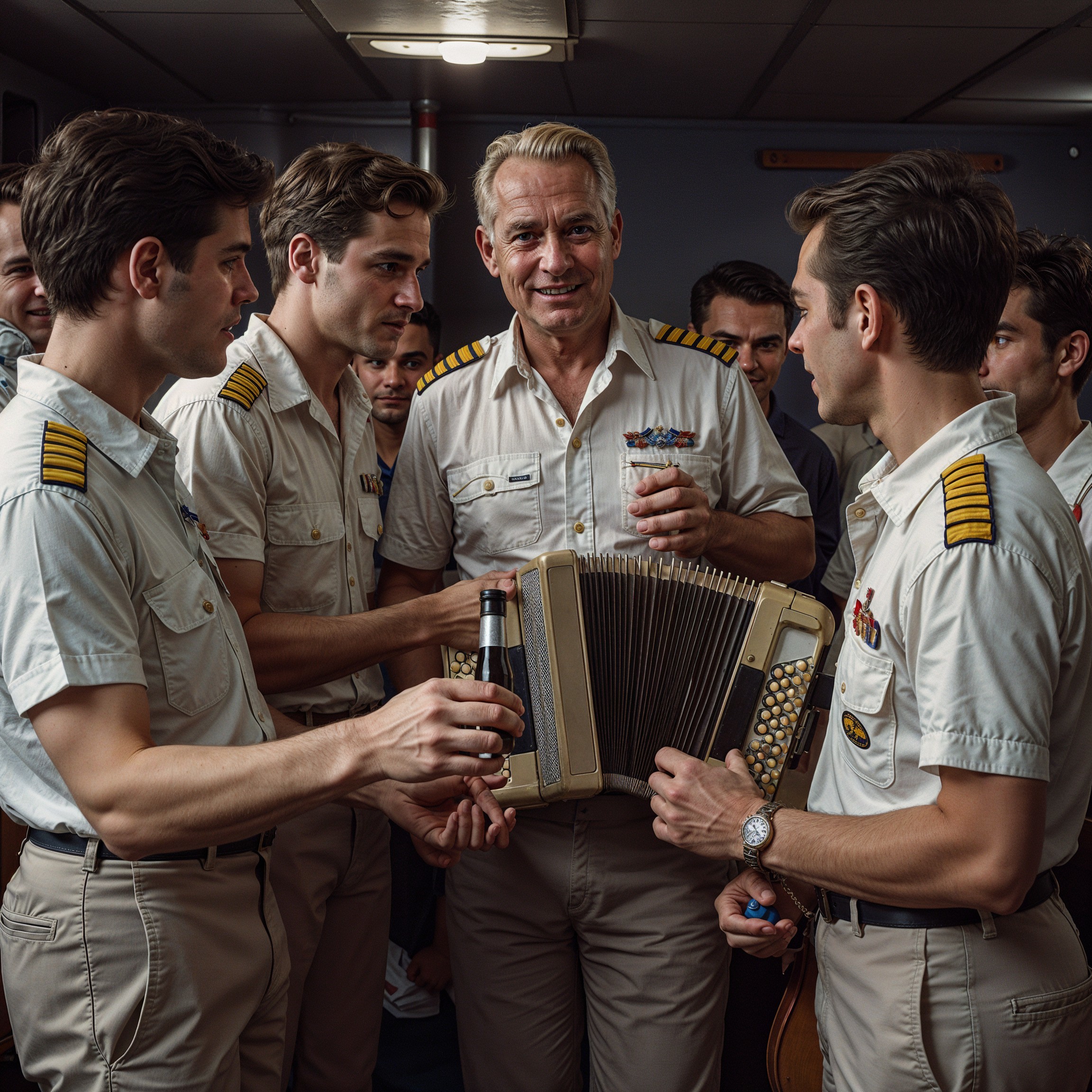 Young Men in Nautical Uniforms Enjoying Music on Ship