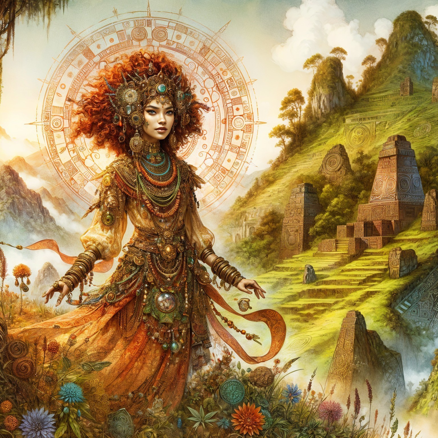 Majestic figure in vibrant landscape with celestial mandala