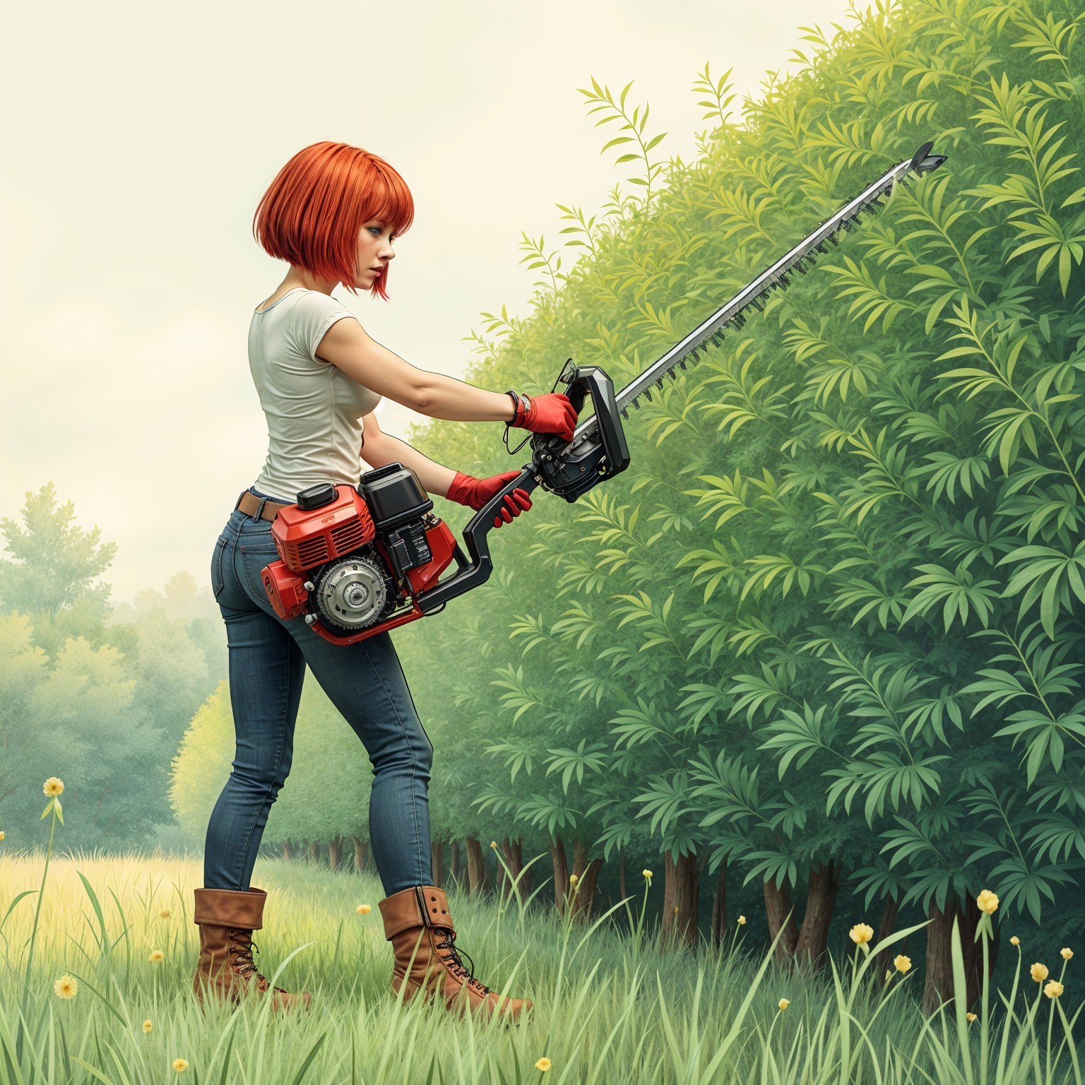 Woman with Red Hair Using Hedge Trimmer in Landscape