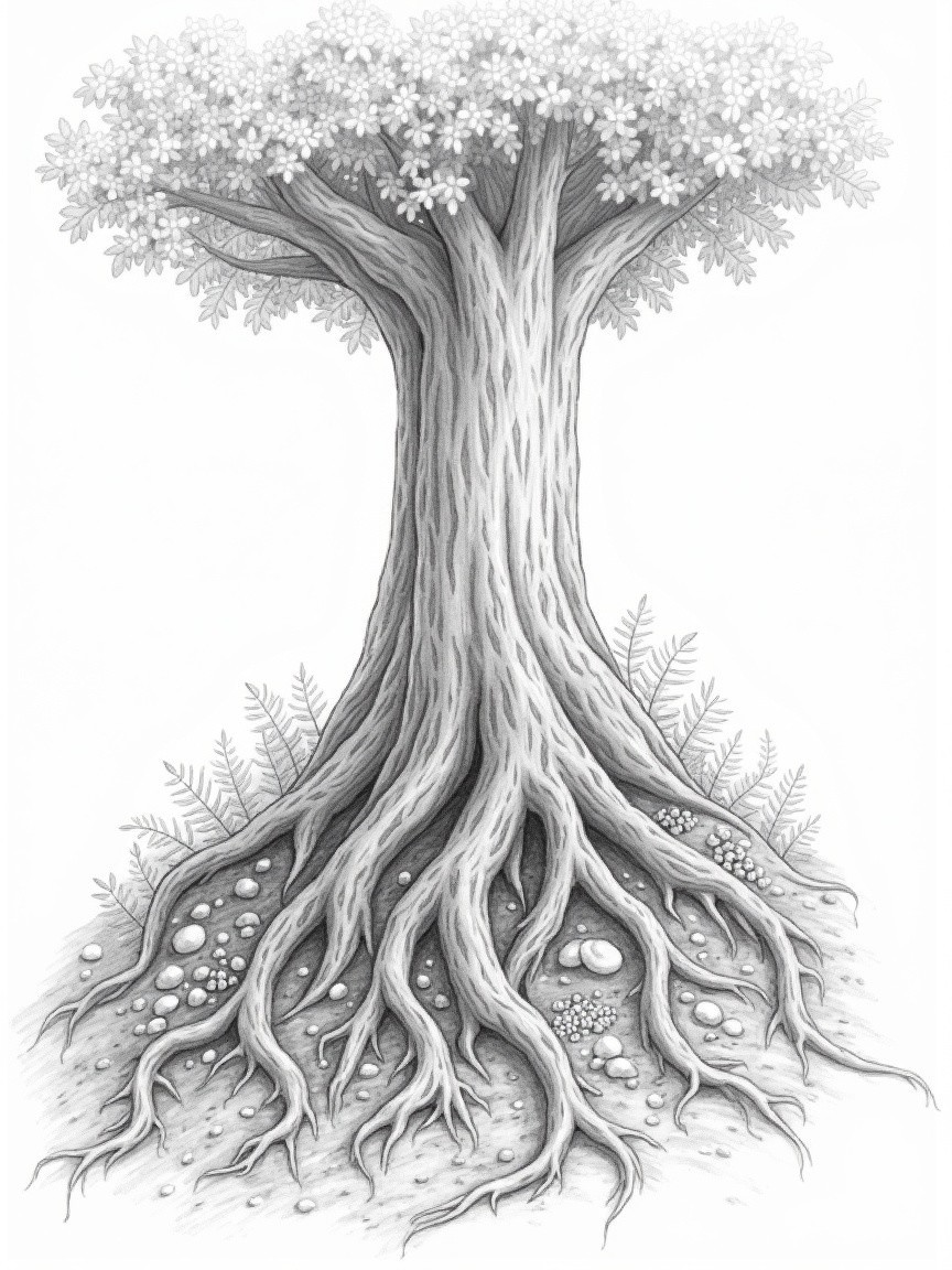 Detailed Etched Tree with Intricate Roots and Canopy