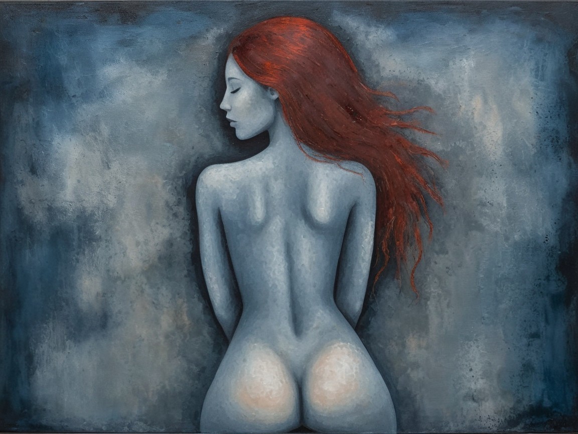 Painting of a Woman with Long Red Hair and Blue Skin