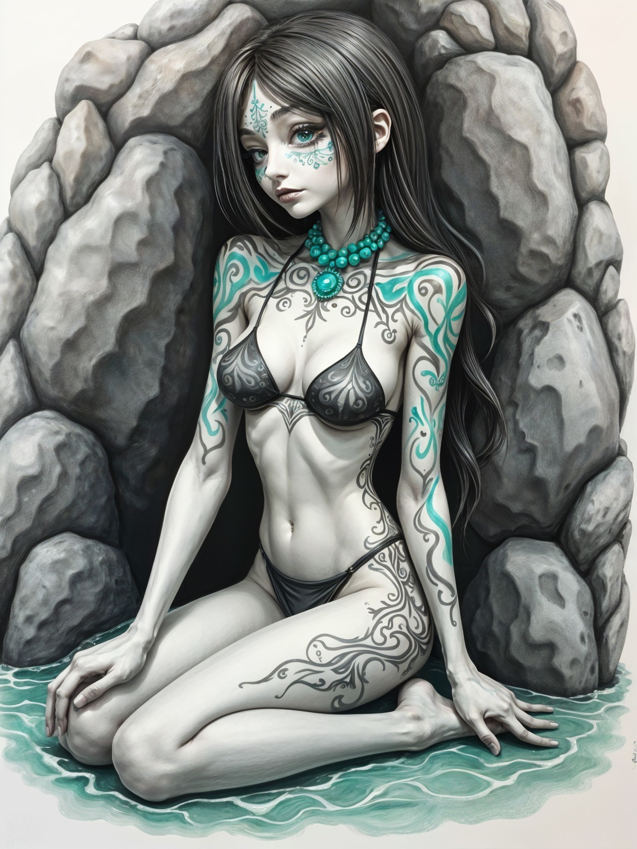 Slender Woman with Tattoos at Rocky Shoreline