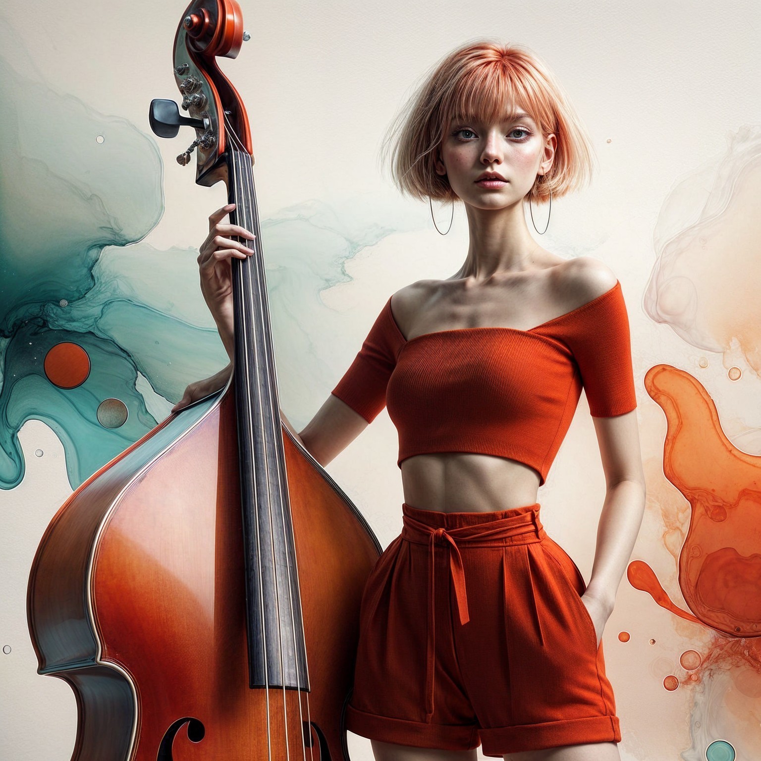 Confident Figure with Double Bass in Vibrant Setting