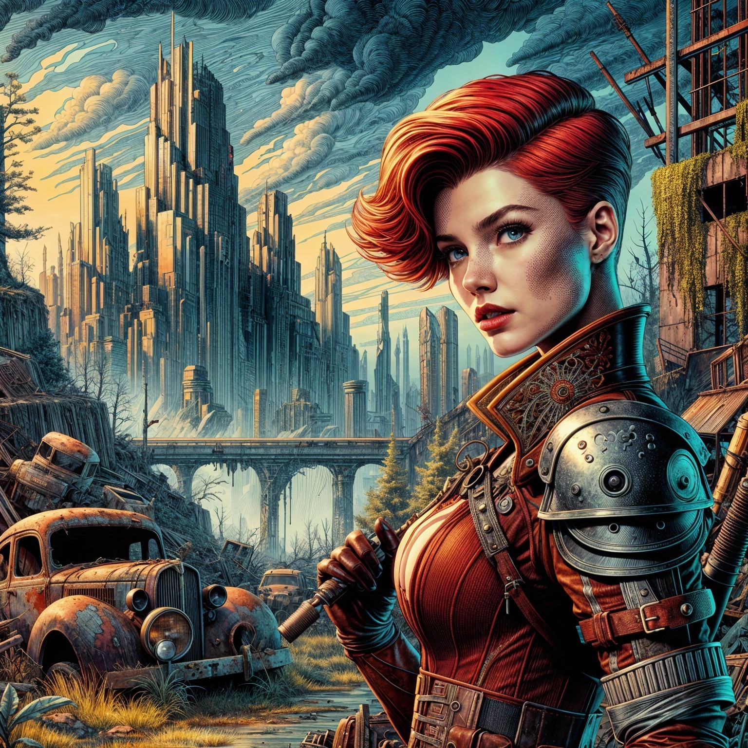 Dystopian Woman in Armor Amidst Ruined Cityscape