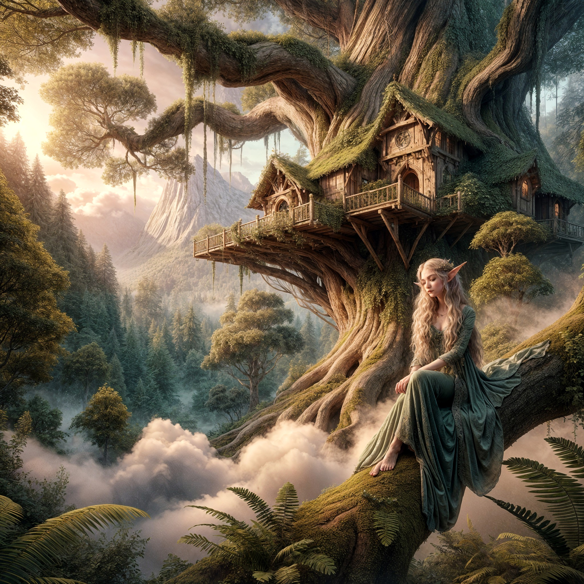 Serene Elf in Mystical Forest with Enchanting Landscape