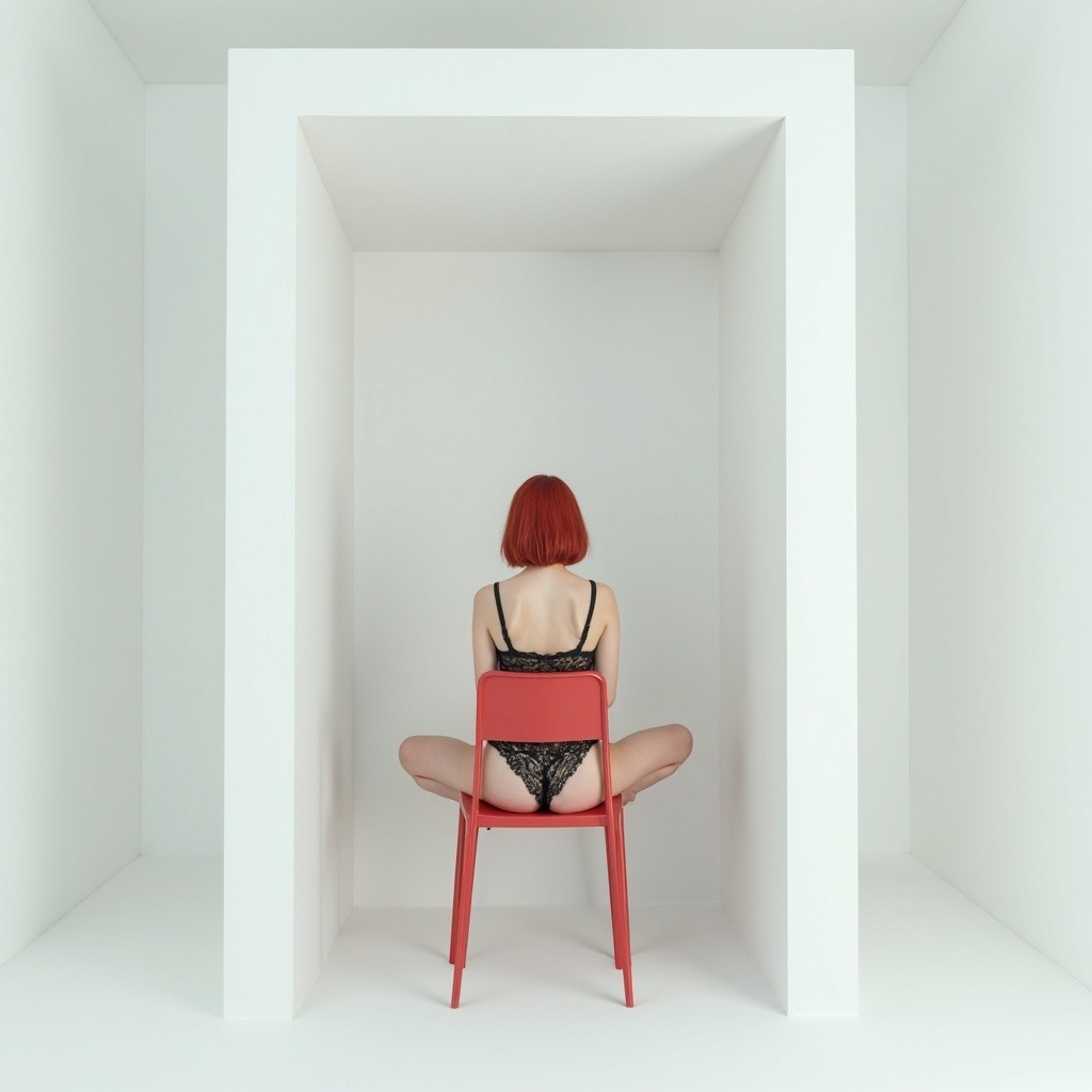 Woman in Black Lingerie on Red Chair in White Room