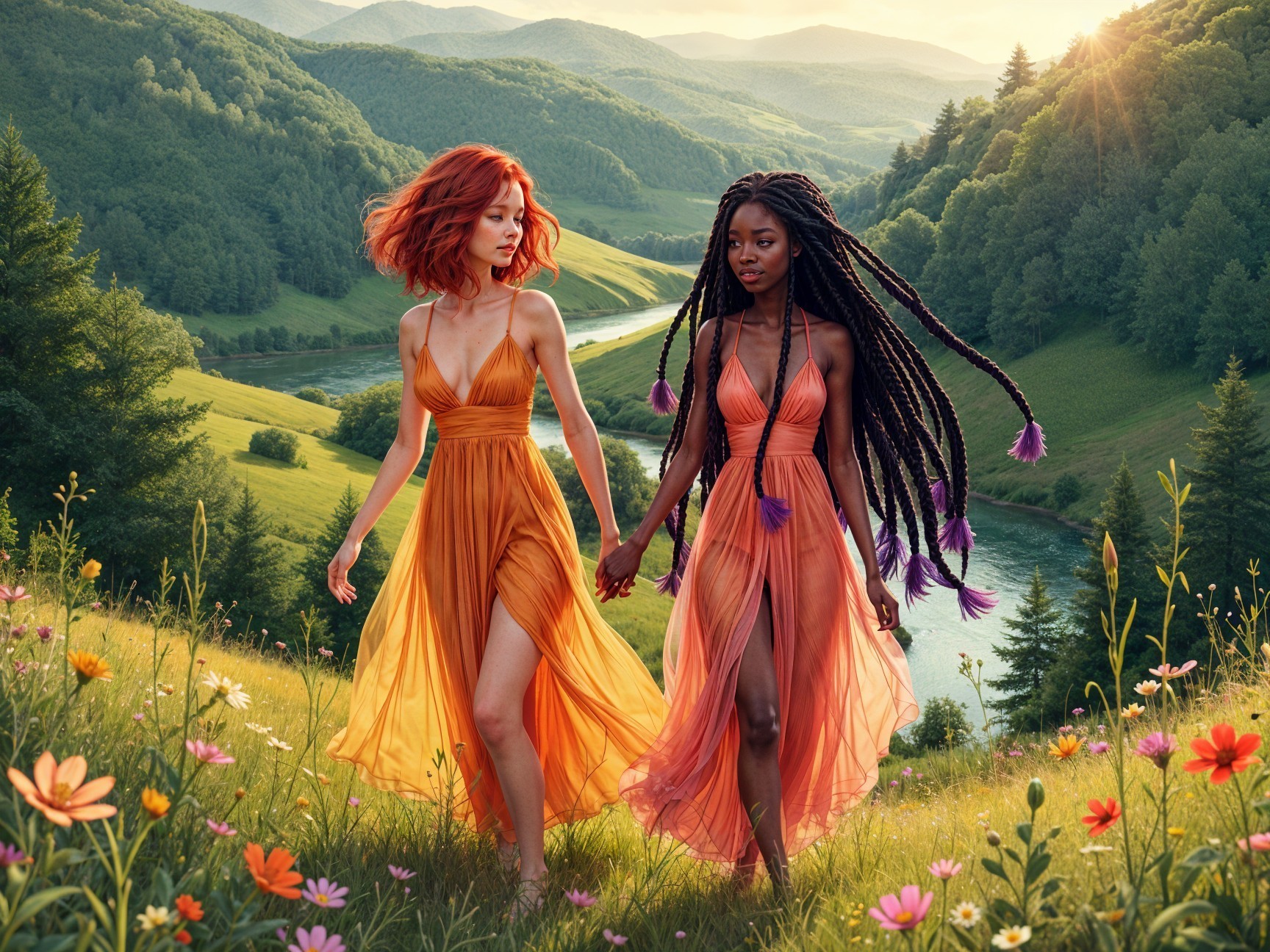 Women in Orange Dresses in a Colorful Meadow
