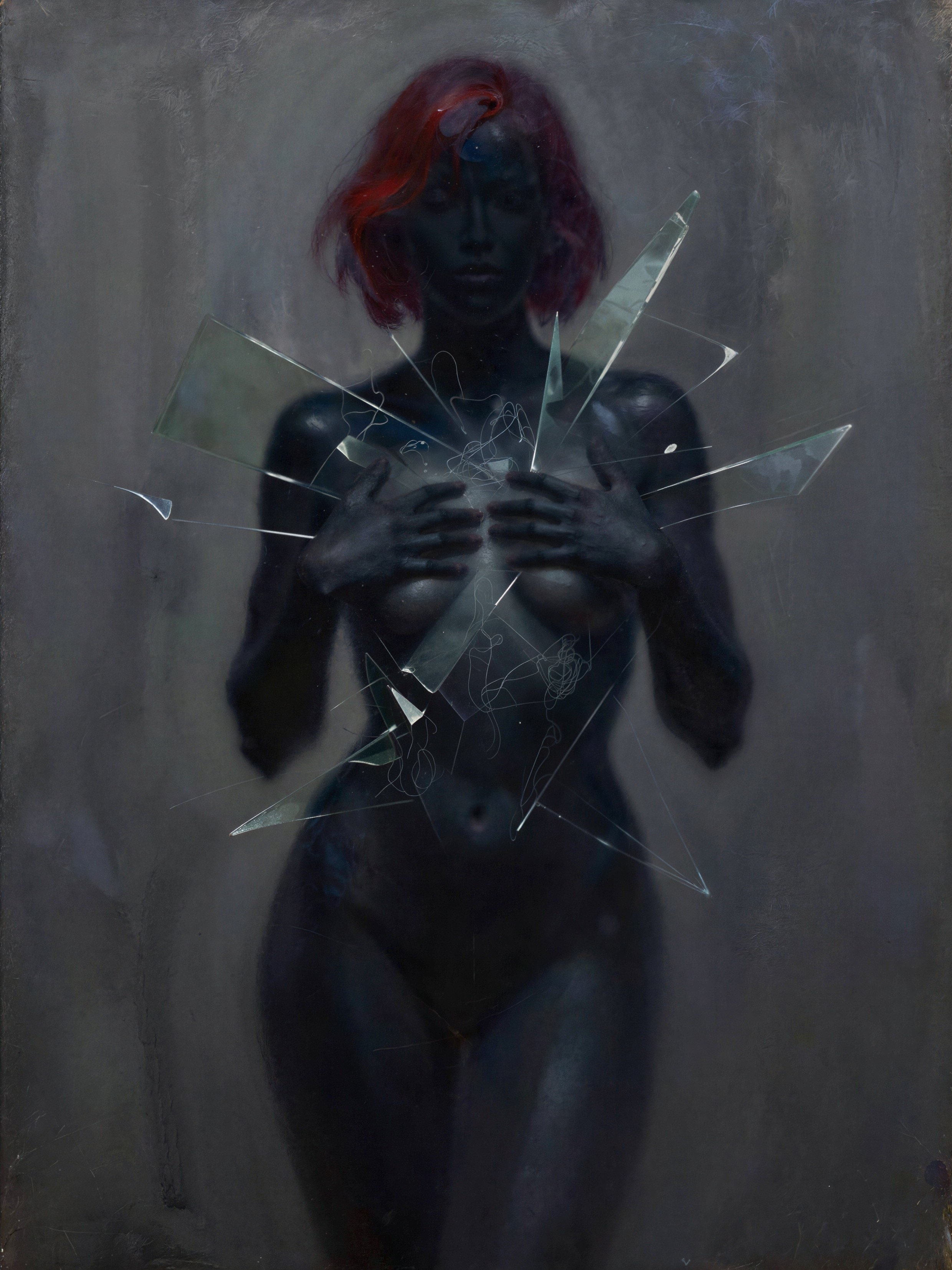 Haunting Oil Painting of Dark-Skinned Woman with Glass