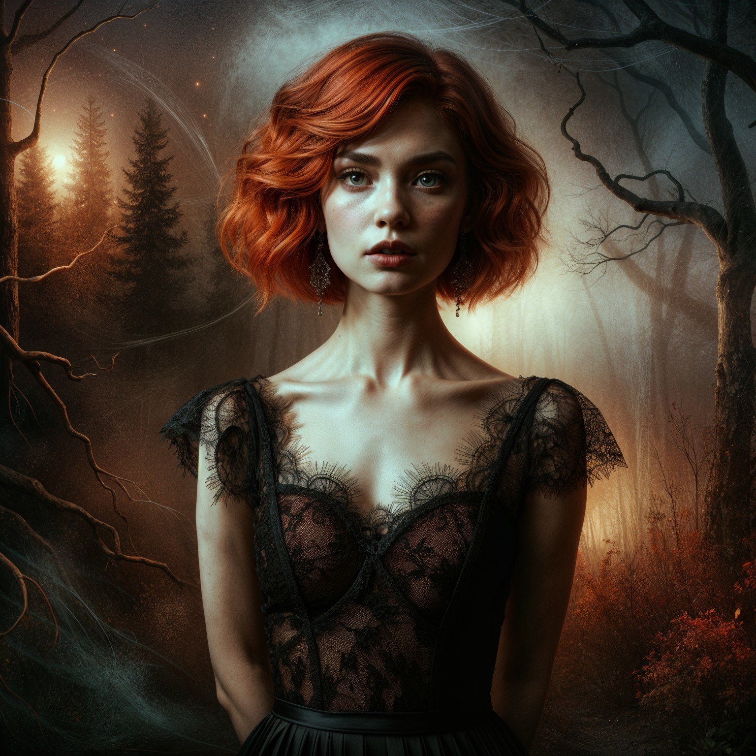 Young Woman in Vintage Dress in Mystical Forest