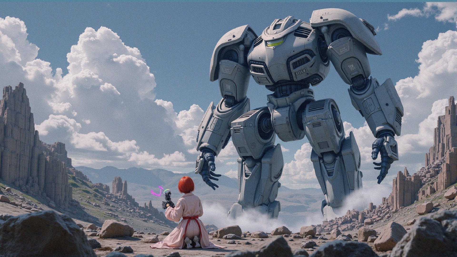 Futuristic Scene with Robot and Small Figure in Pink