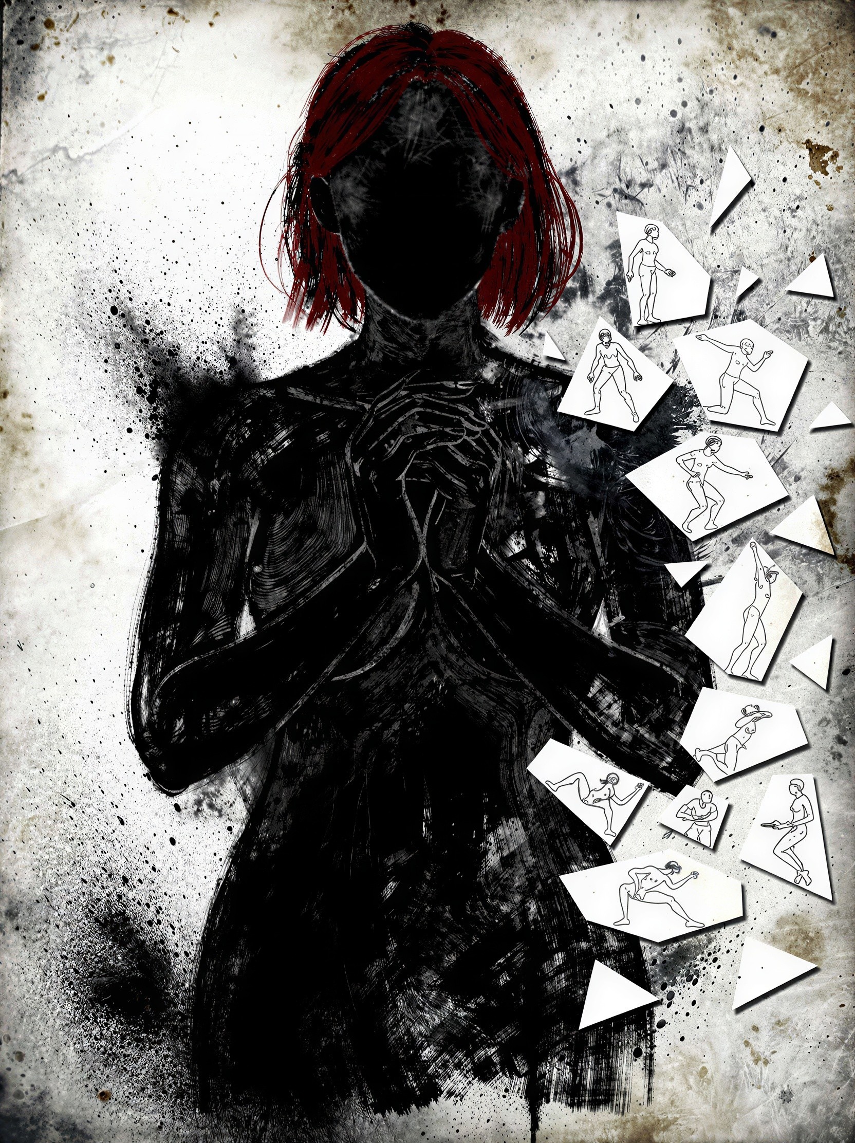 Abstract Dark Painting of Faceless Figure with Sketches