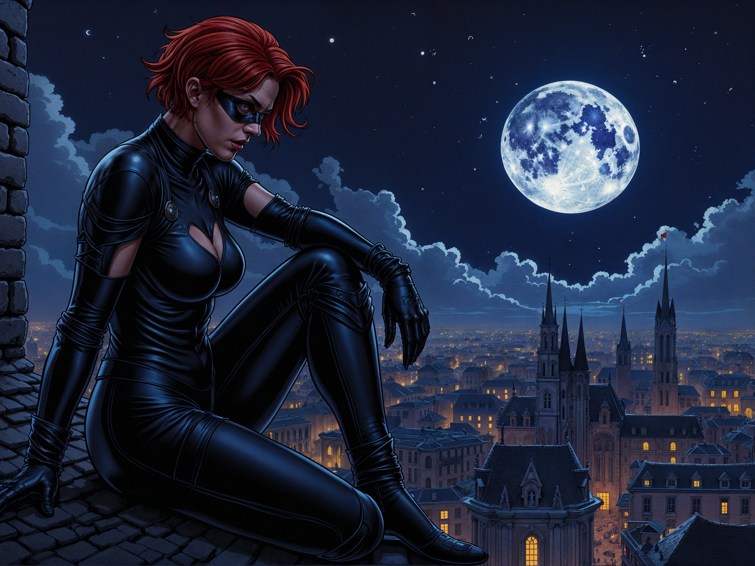 Masked Figure on Rooftop Overlooking Moonlit Cityscape