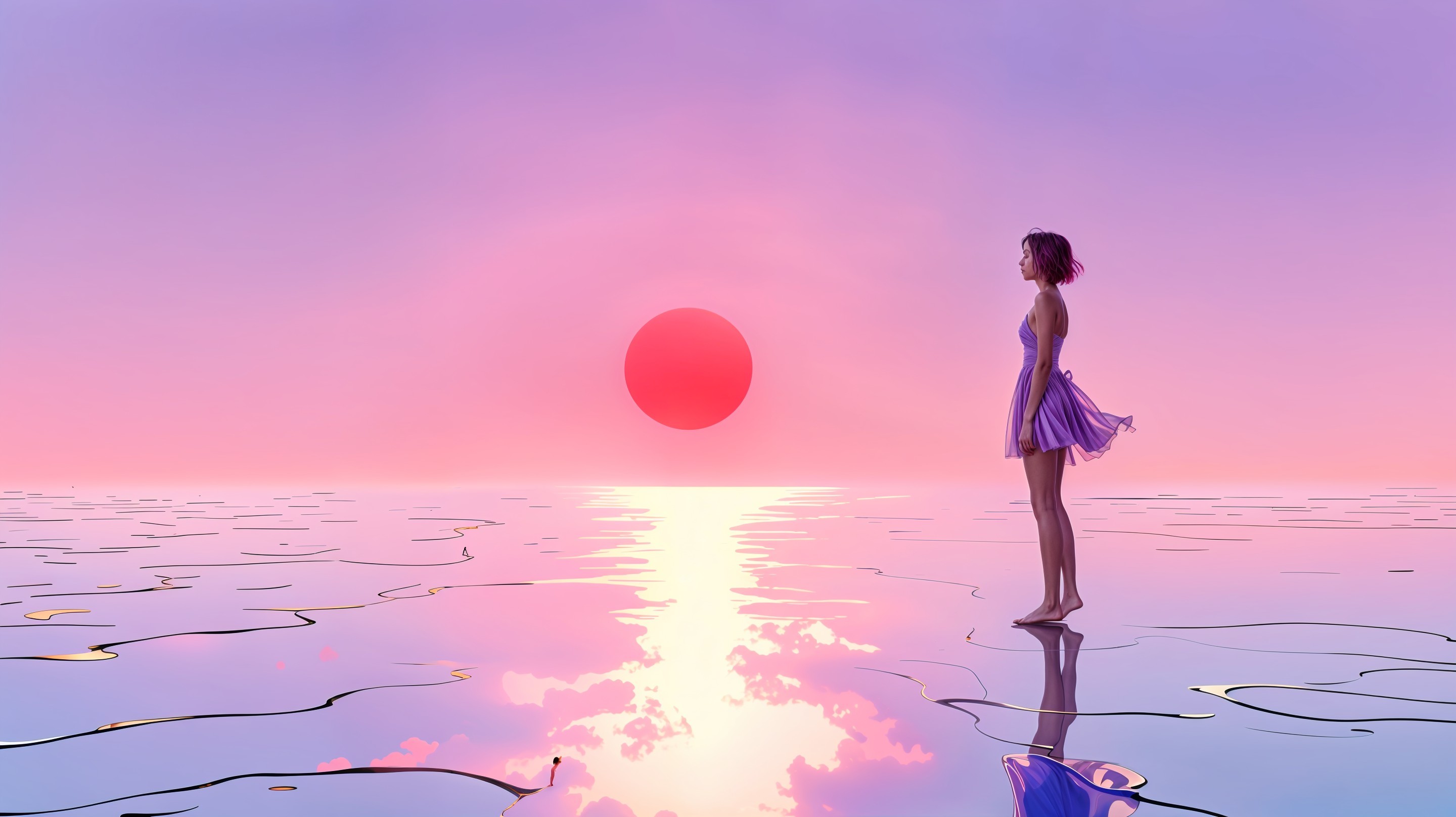 Dreamlike Sunset Scene with Reflective Water Surface