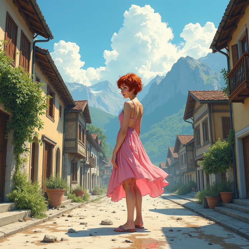Young woman in pink dress on cobblestone street