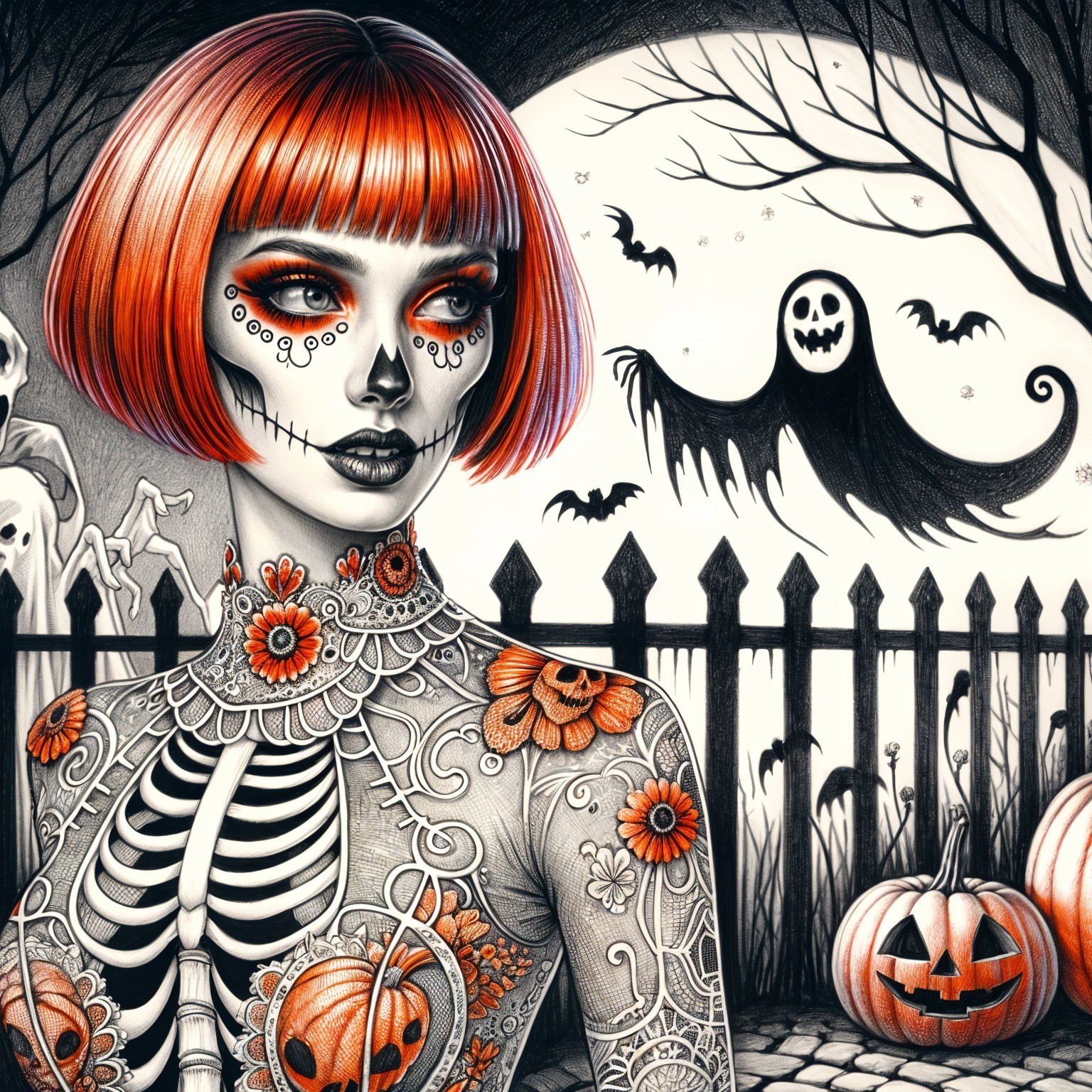 Whimsical Skeleton Woman in Halloween Scene