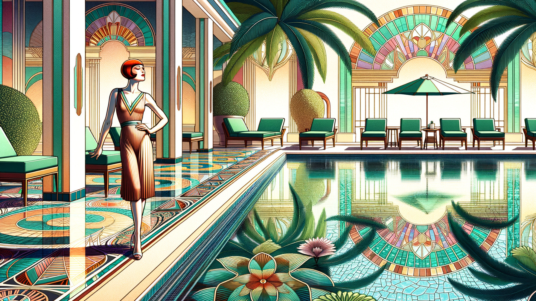 Glamorous Art Deco Poolside Scene with Lush Surroundings
