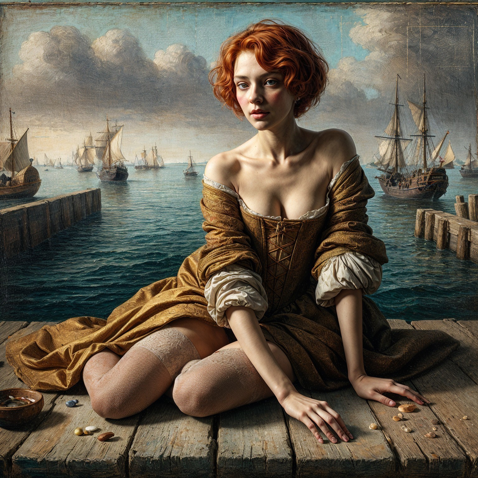 Young woman in period gown on a wooden dock by sea