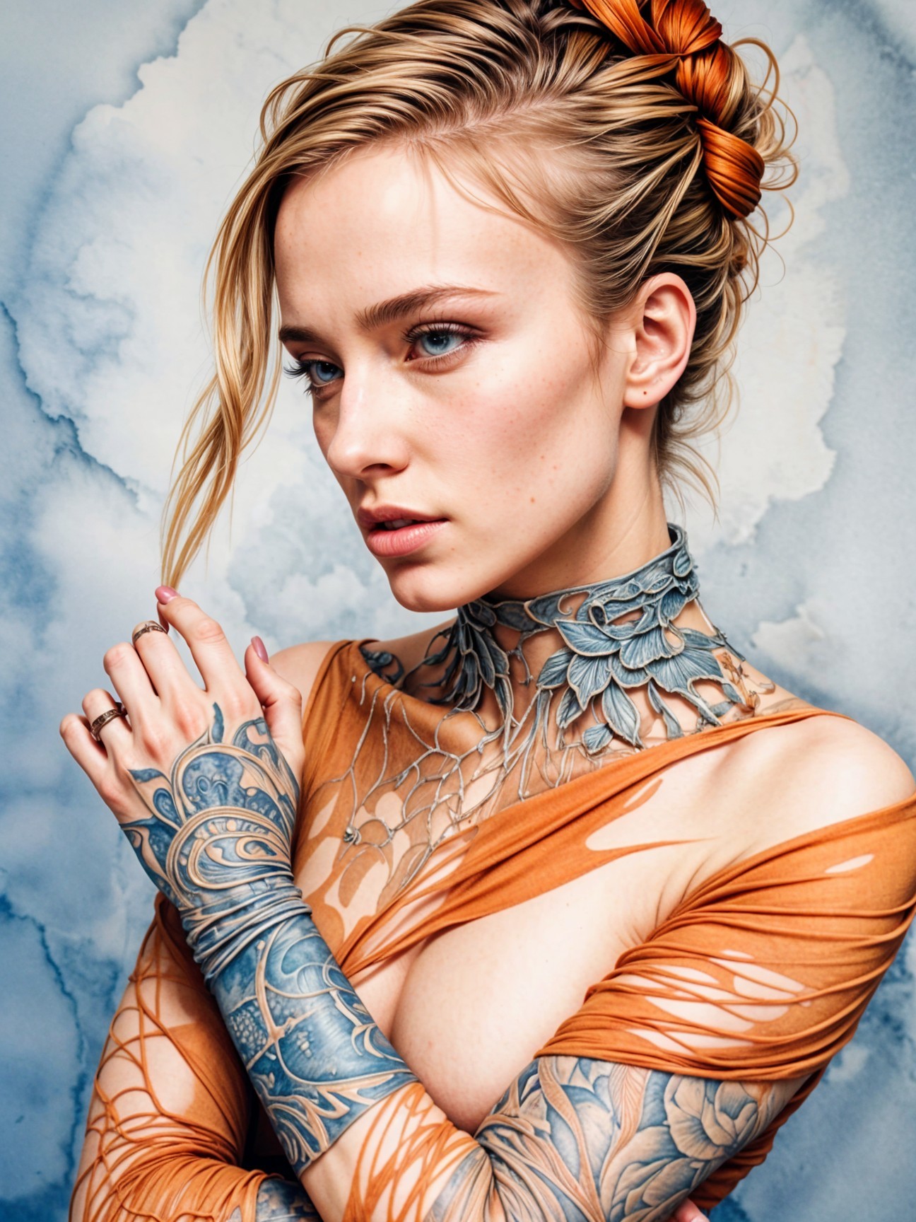 Woman with Intricate Tattoos and Orange Top in Clouds