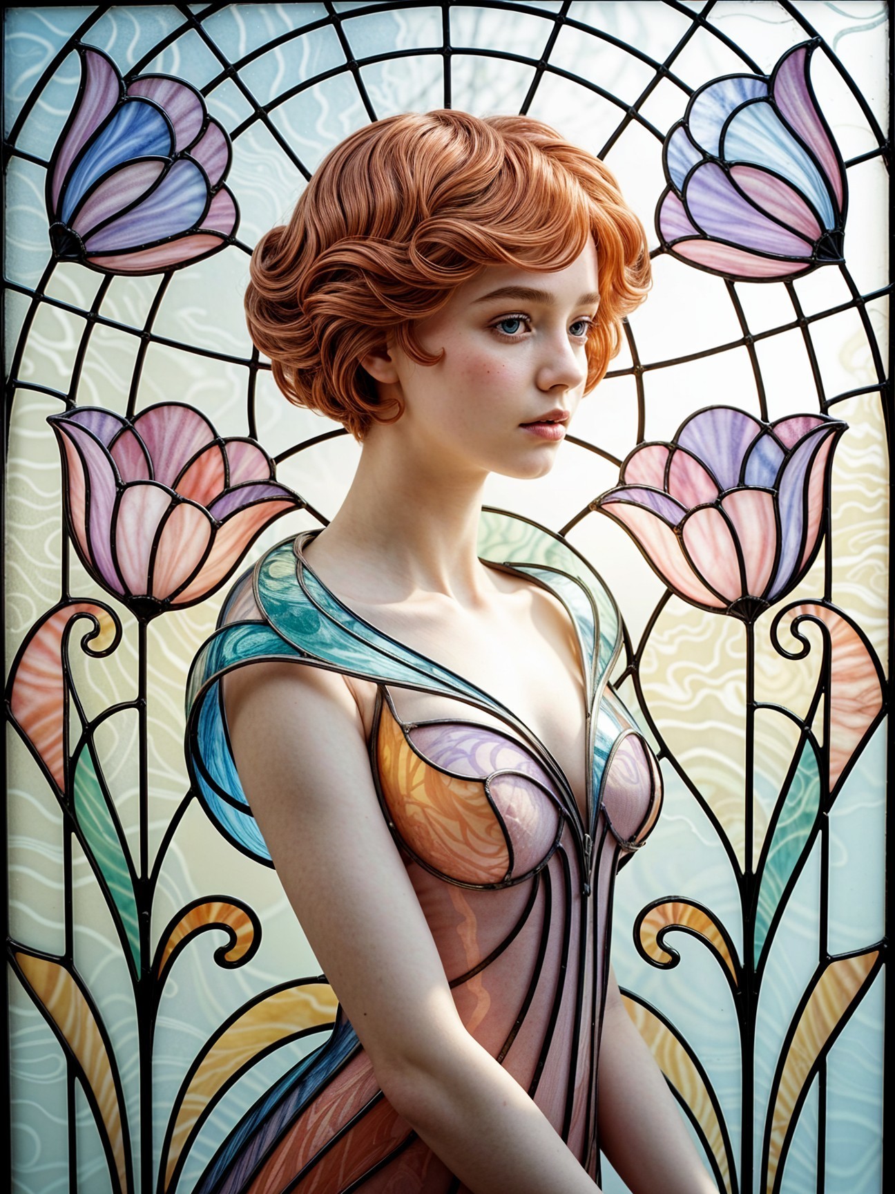 Vintage-Inspired Woman with Stained Glass Backdrop