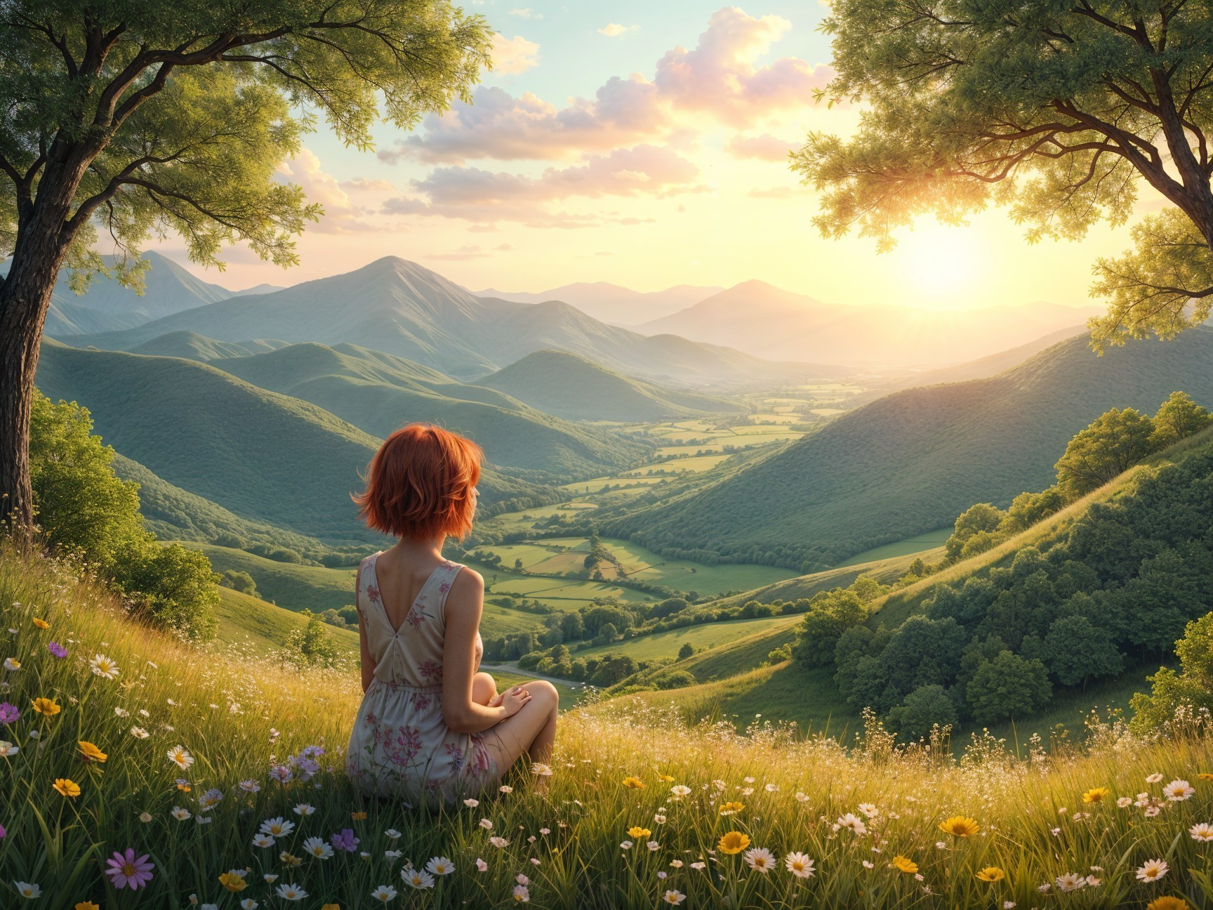 Serene Sunset Landscape with Rolling Hills and Wildflowers