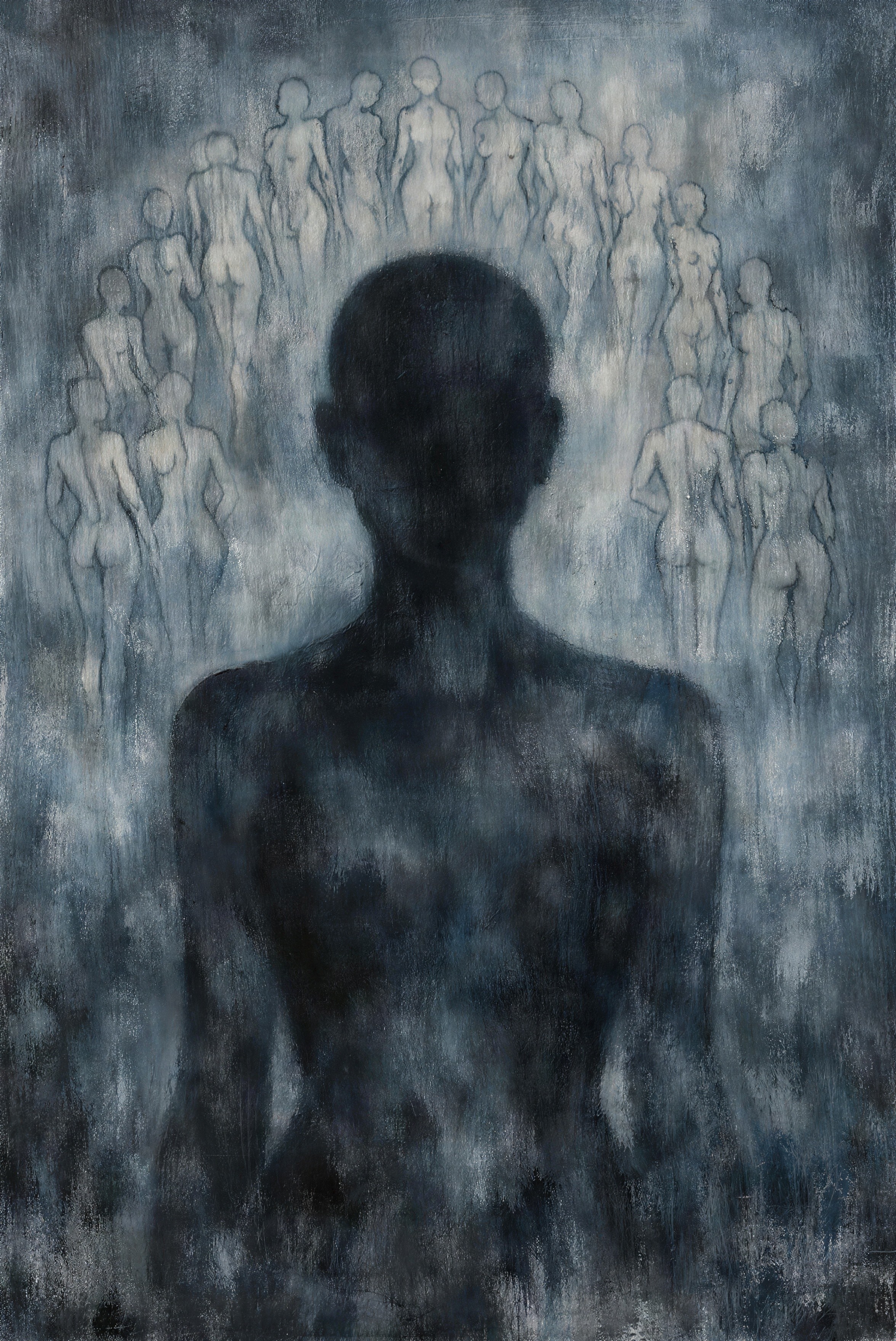 Silhouetted Figure with Lighter Nude Forms in Background