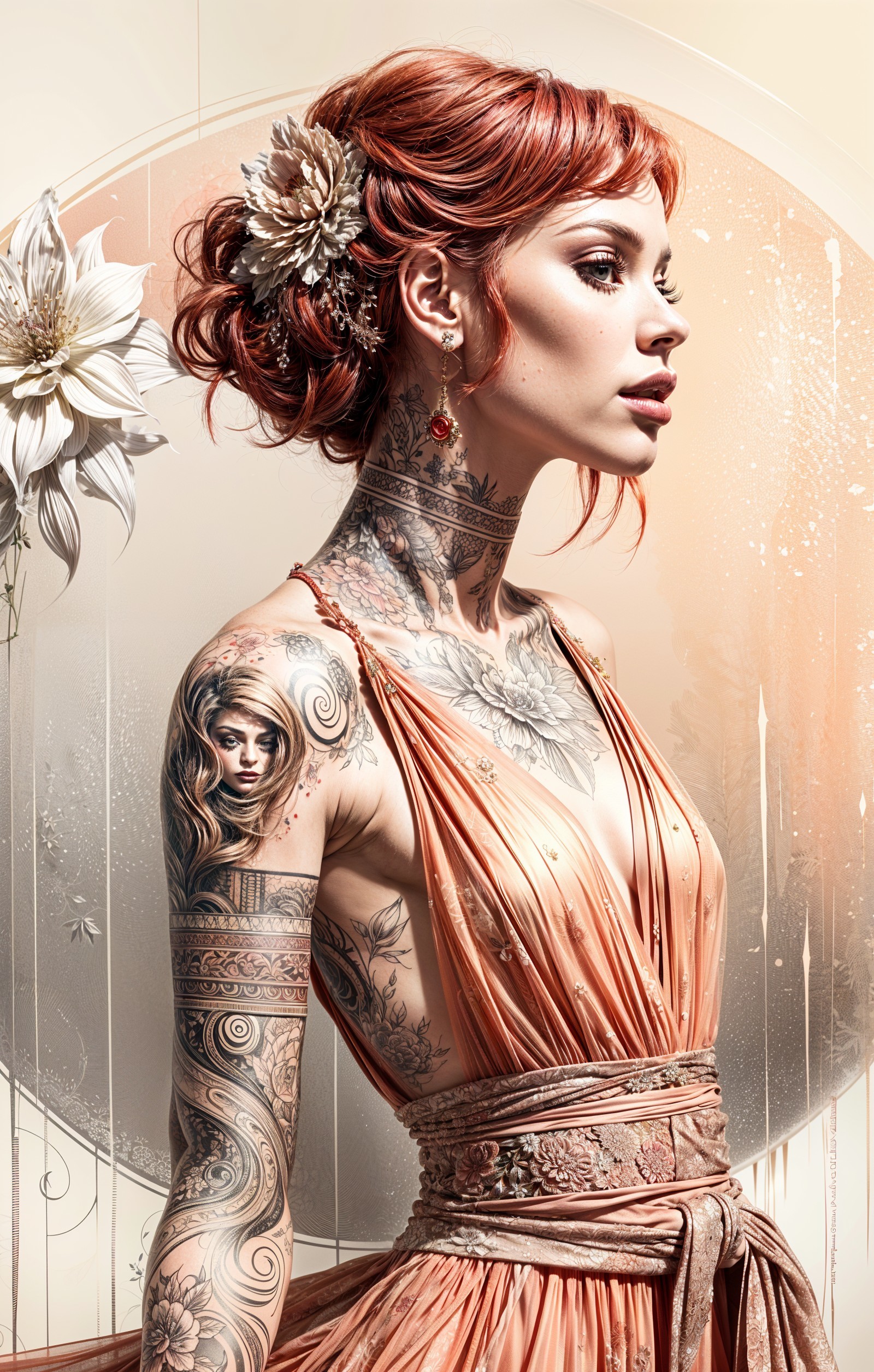 Vibrant Red-Haired Woman in Elegant Peach Dress