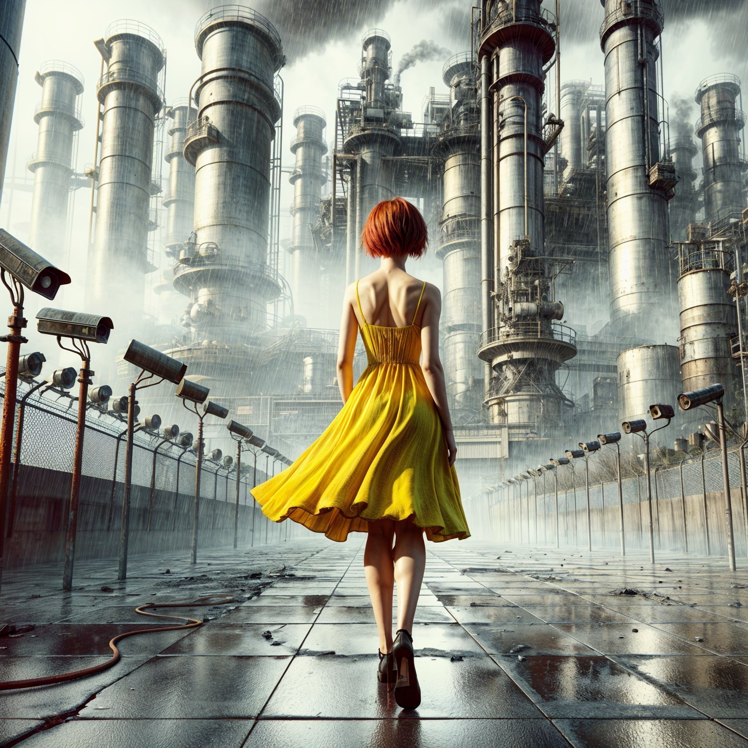 Woman in Yellow Dress in Industrial Landscape