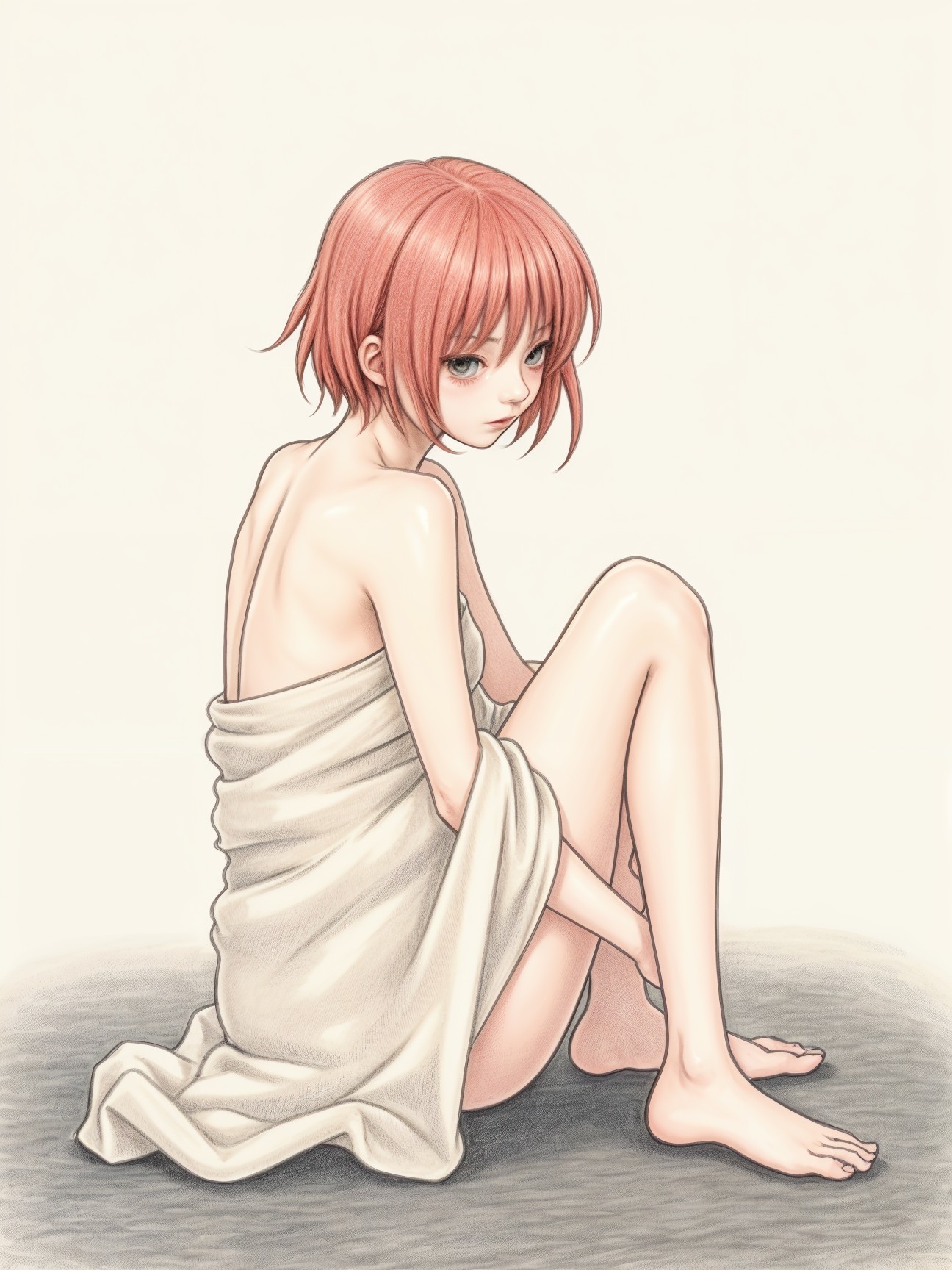 Young girl in towel with contemplative expression