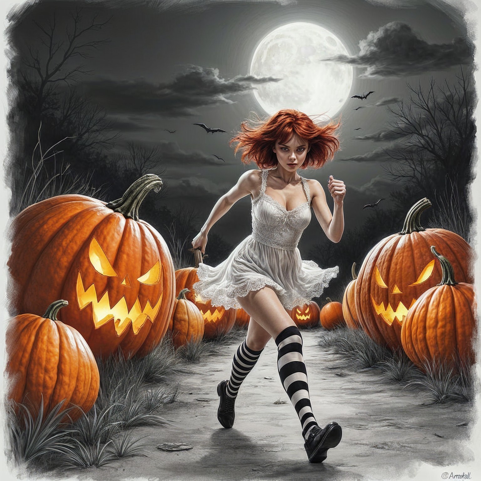 Young woman in white dress runs through Halloween night