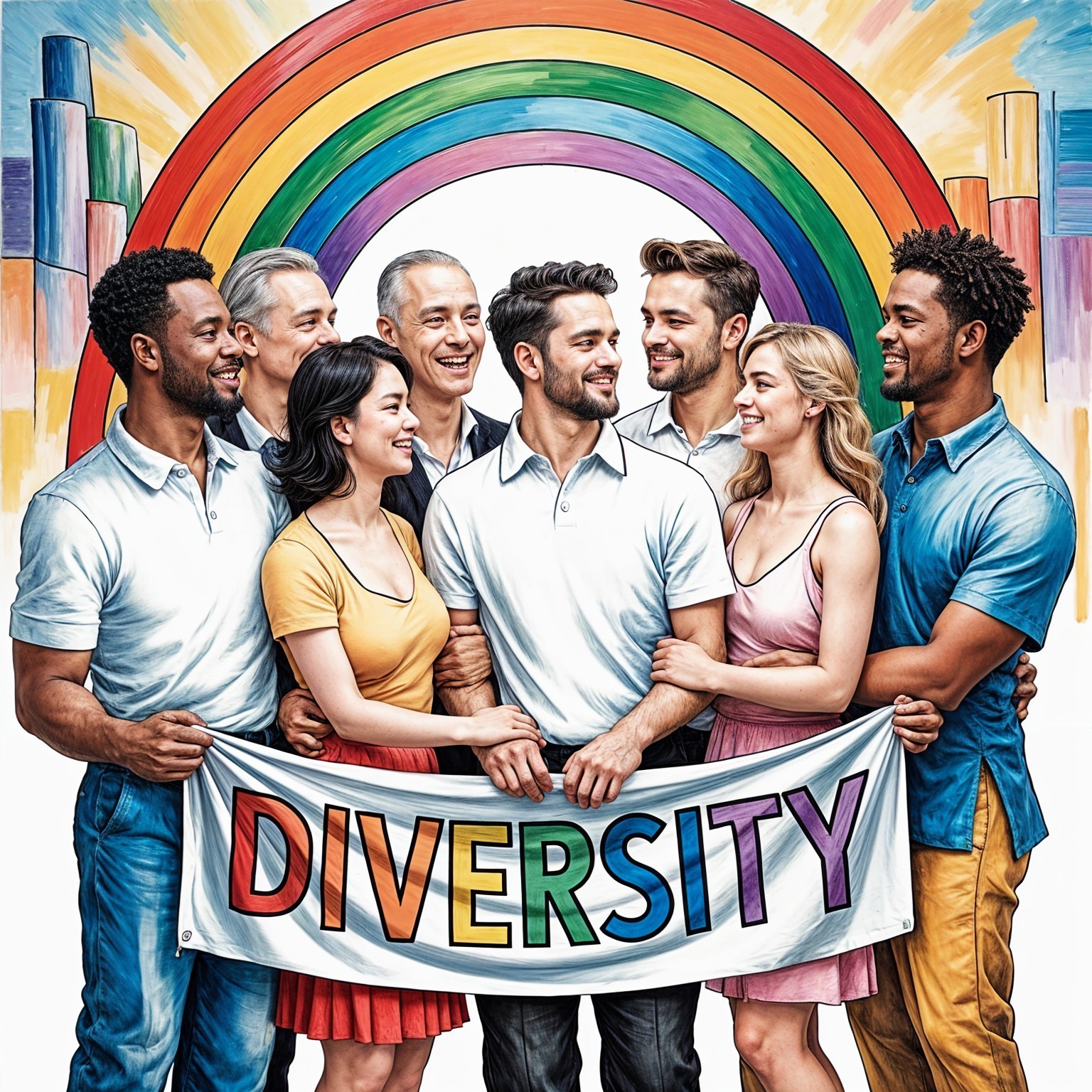Diverse Group Celebrates Unity with Rainbow Banner
