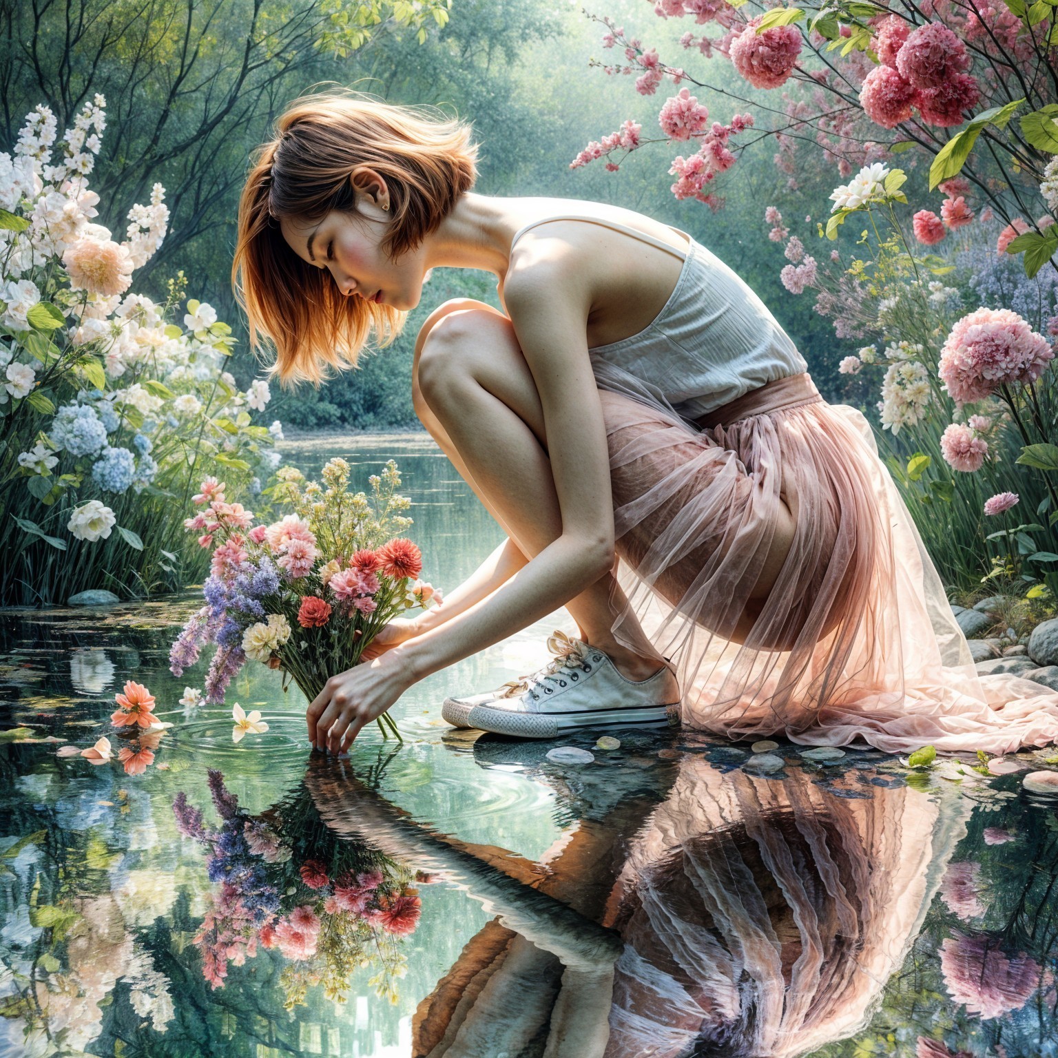 Young Woman Collecting Flowers by a Serene Pond