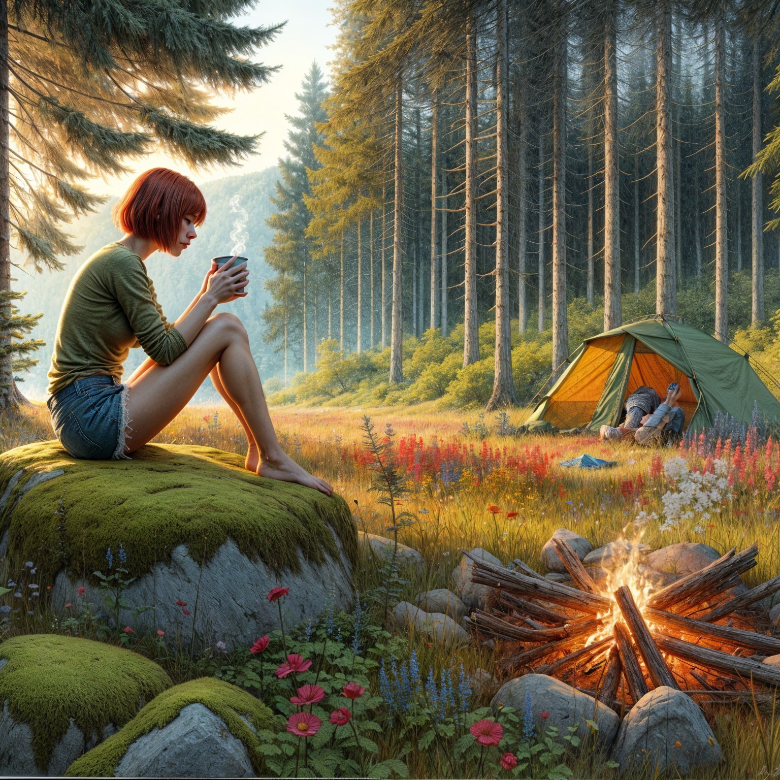 Young Woman in Tranquil Forest Camp Setting