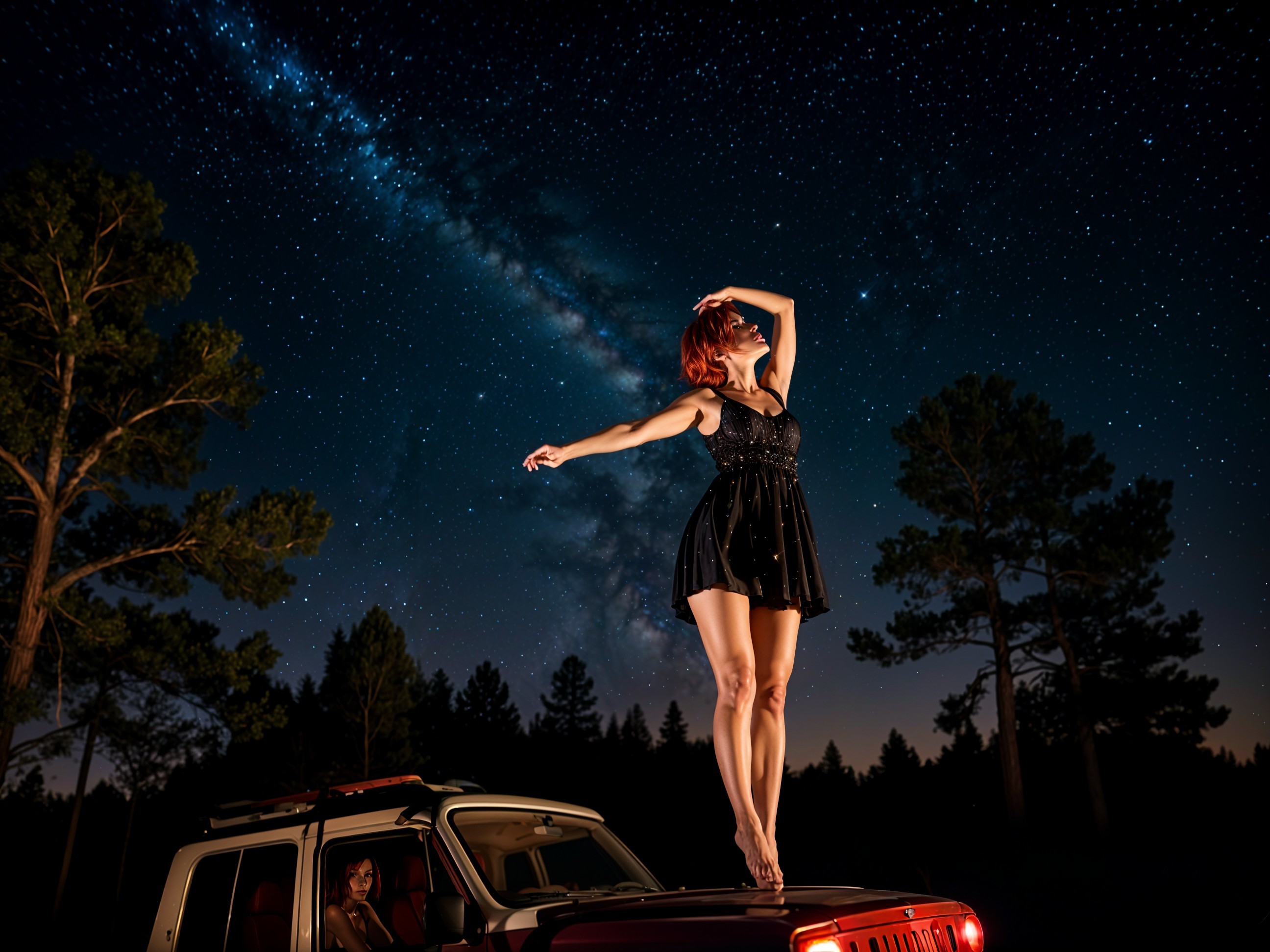 Woman in Black Dress on Jeep Under Starry Sky