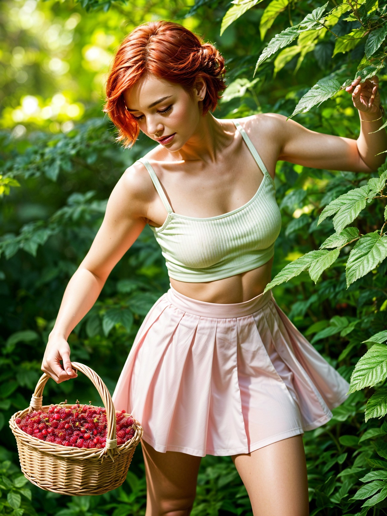Young woman with red hair in green crop top and pink skirt