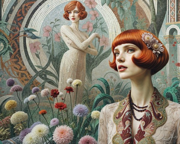Detailed Mosaic Garden with Elegant Figure and Flowers