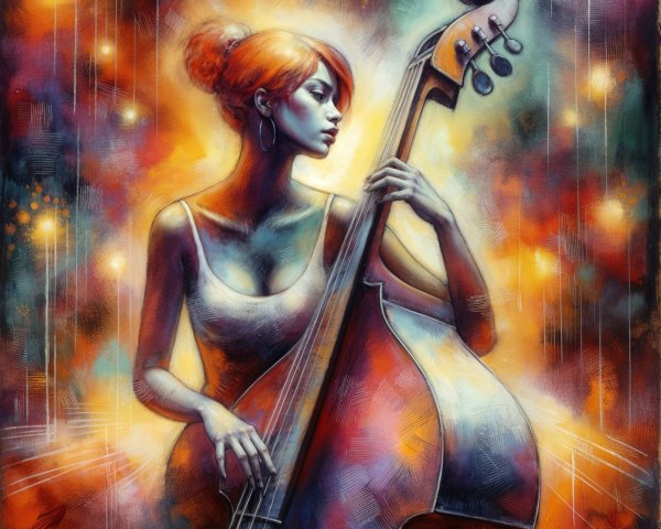Surreal Illustration of Woman Playing Double Bass