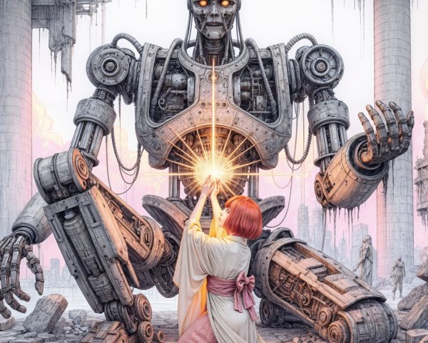 Lifelike Robot and Woman in Post-Apocalyptic Scene