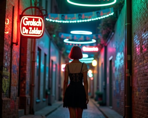 Woman in Neon-Lit Alley with Graffiti and Lights
