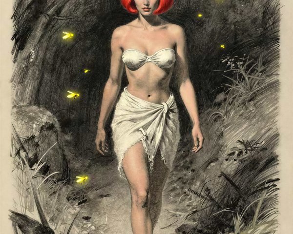Woman with Red Hair Walking in Dark Forest Path