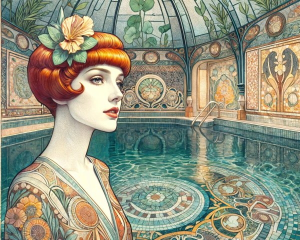 Stylish Bob Haircut with Flower by Tiled Indoor Pool