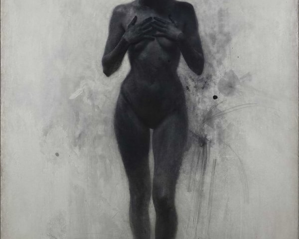 Grayscale Nude Portrait with Abstract Expressionism Elements