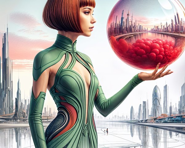 Futuristic Cityscape with Woman in Green Outfit